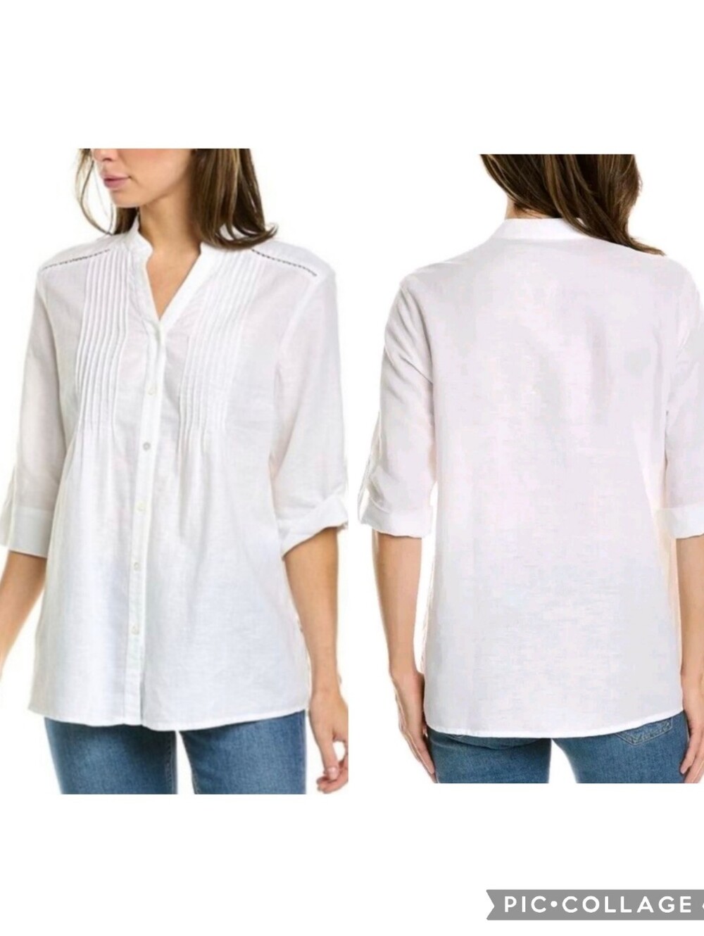 J. McLaughlin | White Riviera Linen Blend Pintuck Tunic Blouse Roll Tab Sleeves